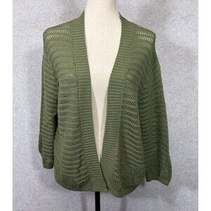 Cardigan Light Weight Open Knit Crochet Womens 1X Nina Leonard Dark Green